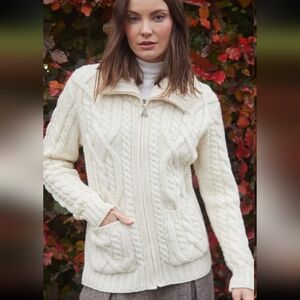 Blarney Mills Ella Double Collar Aran Zip Cardigan, Natural Color, Size Small
